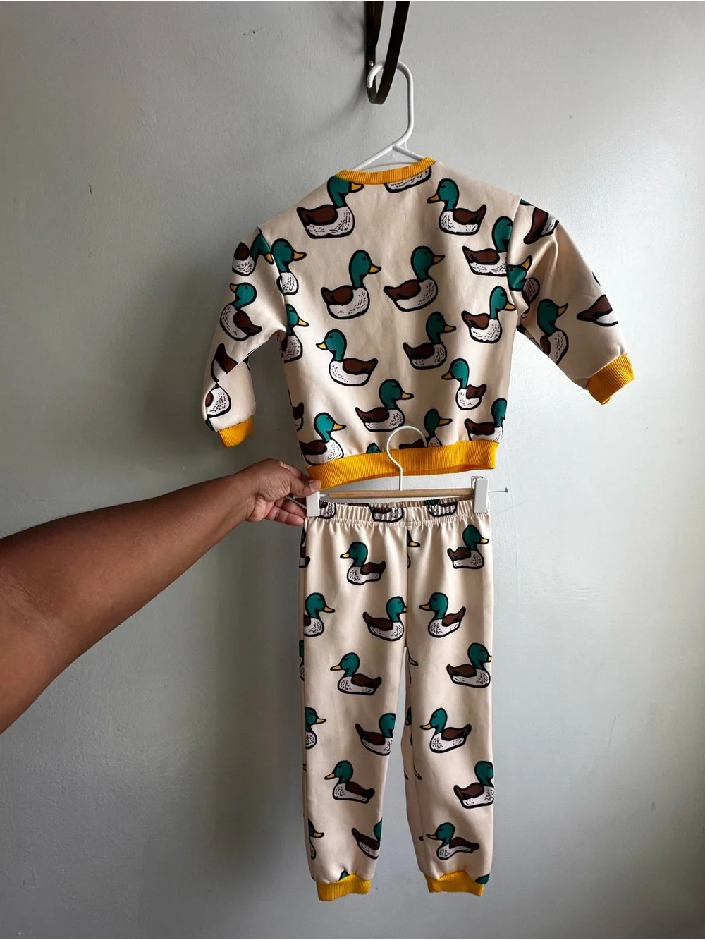 Cream Duck-Print Kids Set with Yellow Trim